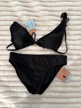 Tie Front Bralette Bikini with Hipster Bottoms - Black, Ribbed